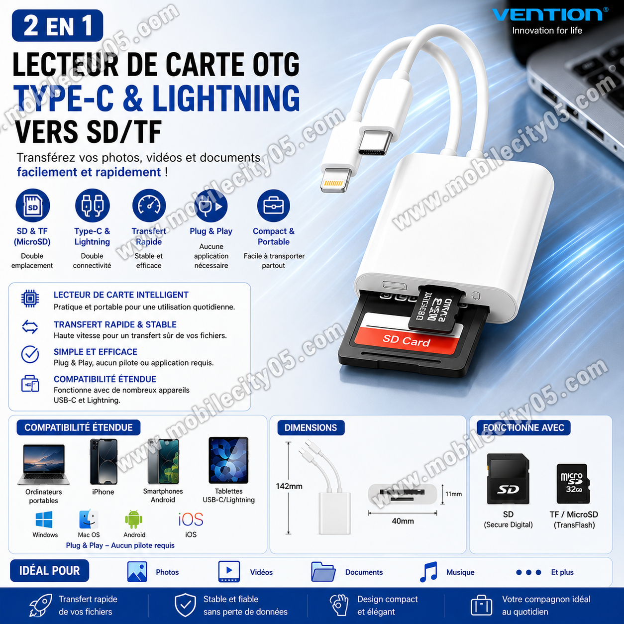 Lecteur de Carte OTG 2 en 1 – Type-C & Lightning vers SD/TF