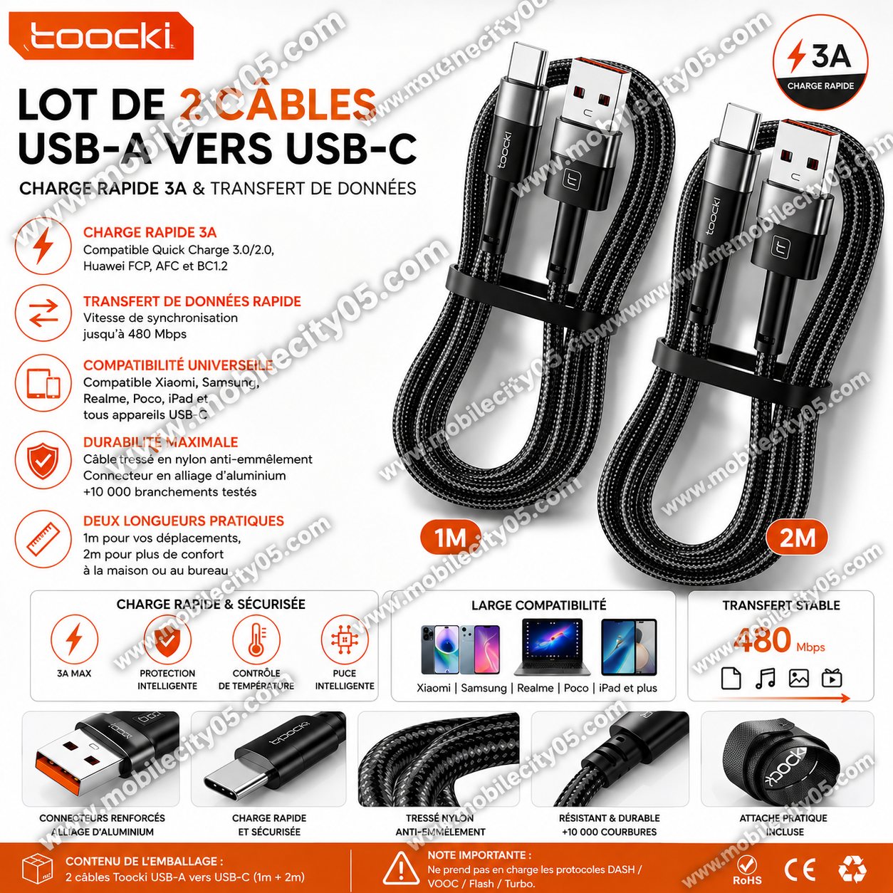 Toocki – Lot de 2 câbles USB Type-C (1m & 2m) – Charge rapide 3A & transfert de données