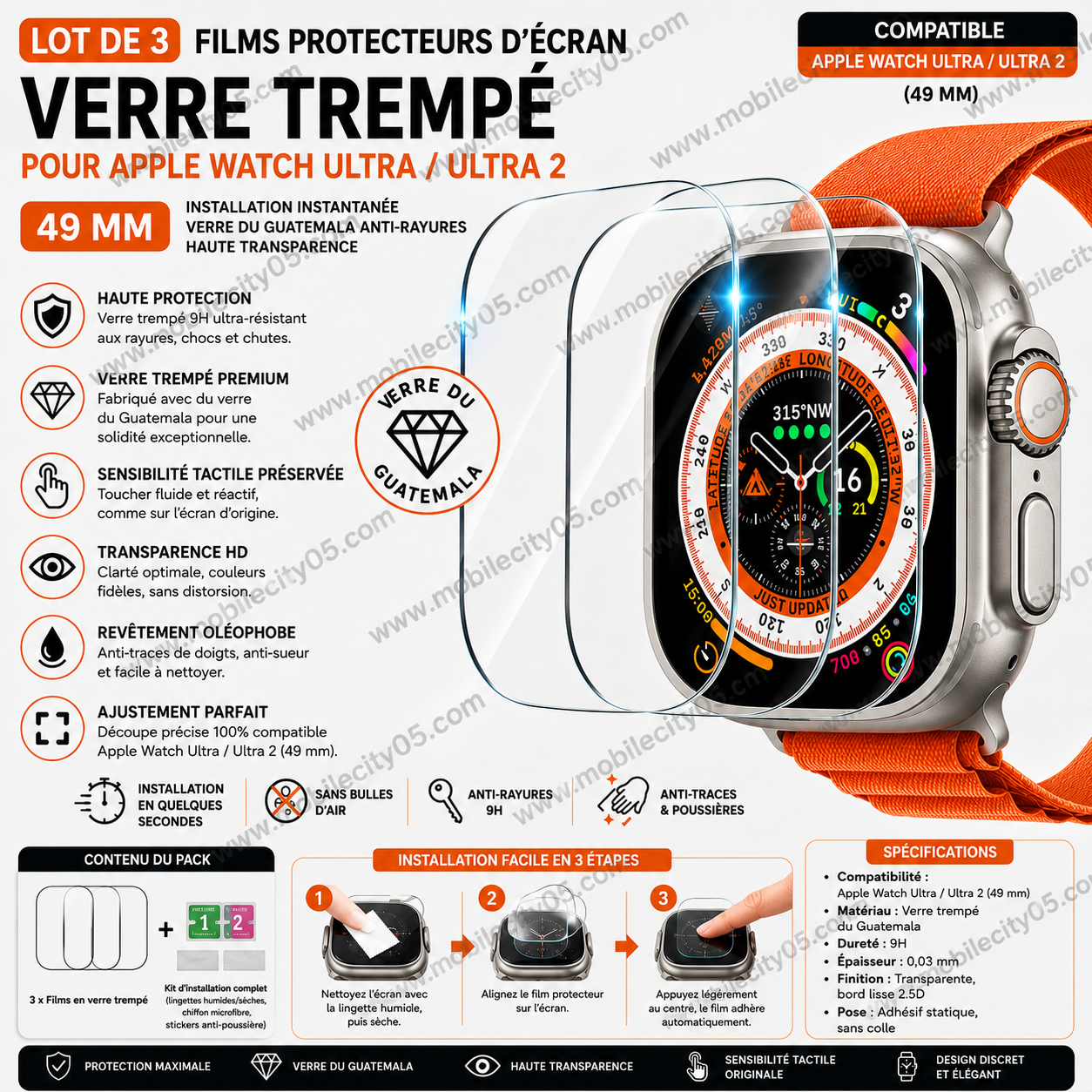 Lot de 3 Films Protecteurs d'Écran en Verre Trempé–Apple Watch Ultra / Ultra 2 (49 mm)