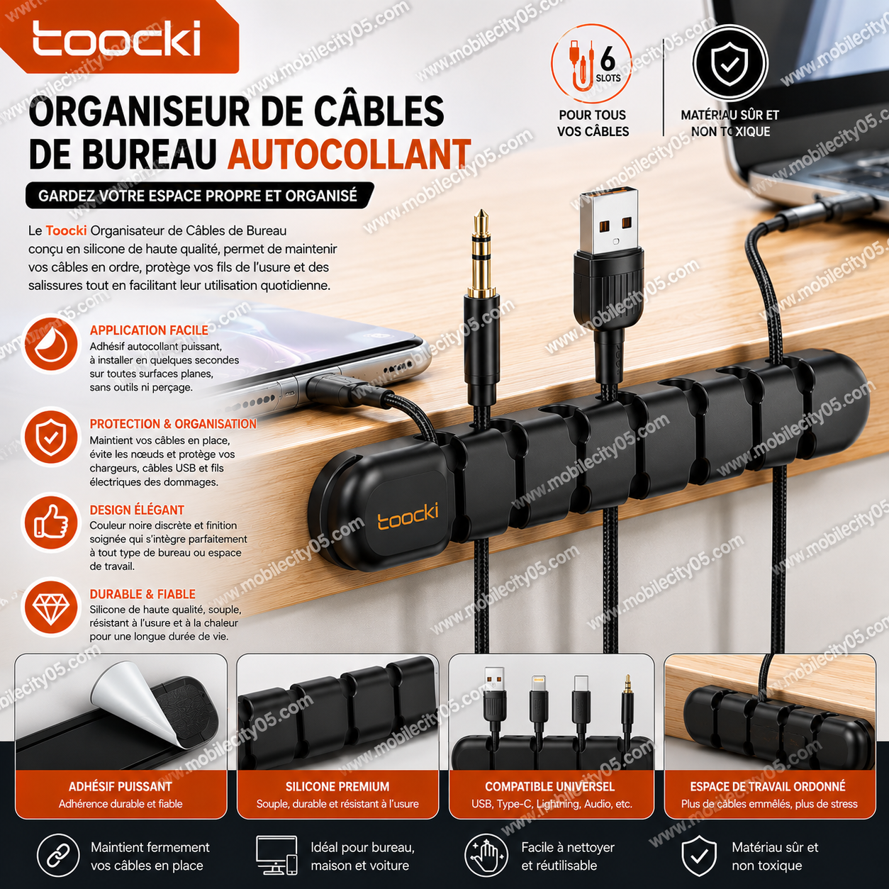 Toocki – Organiseur de Câbles de Bureau Autocollant