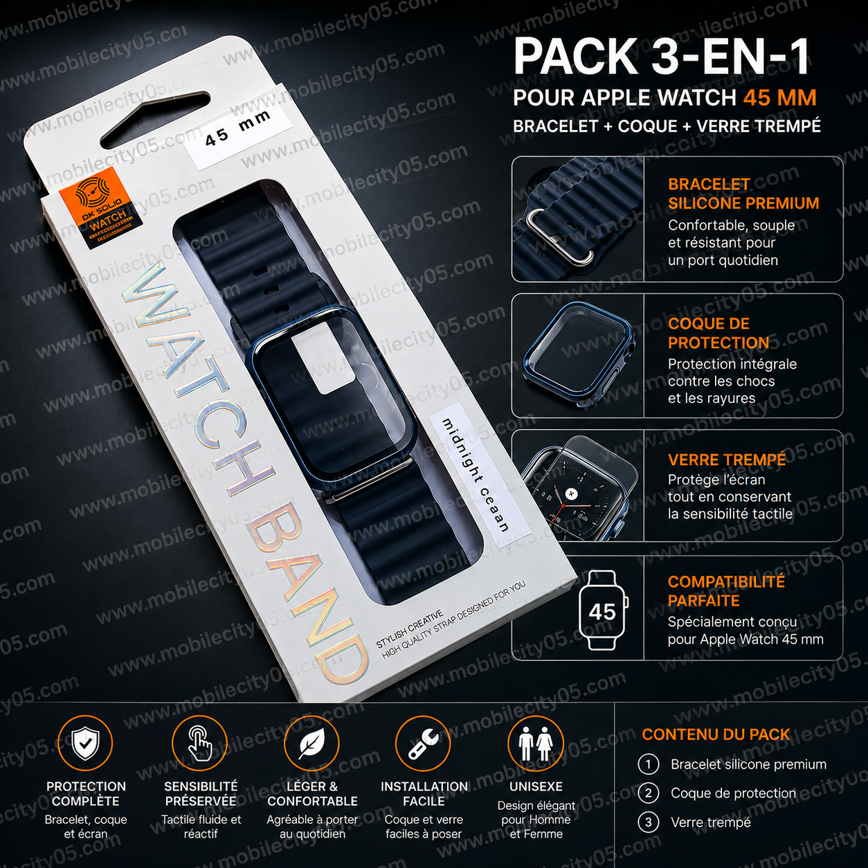 Ensemble Bracelet + Coque + Verre Trempé – Apple Watch 45 mm