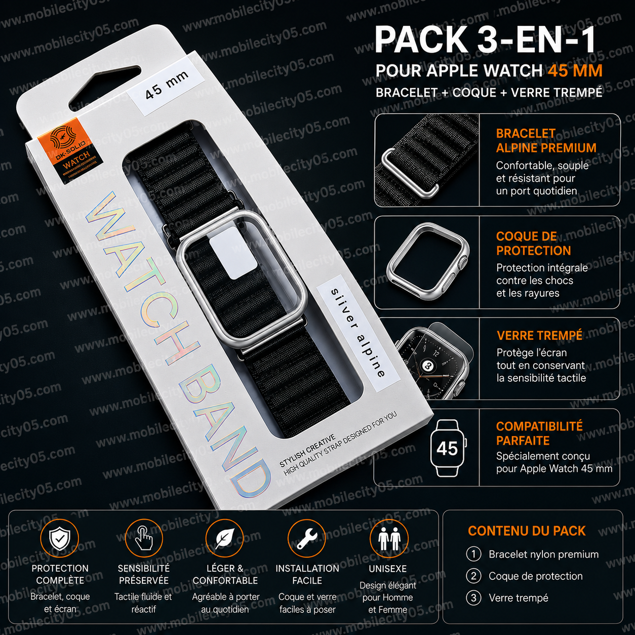 Ensemble Bracelet + Coque + Verre Trempé – Apple Watch 45 mm