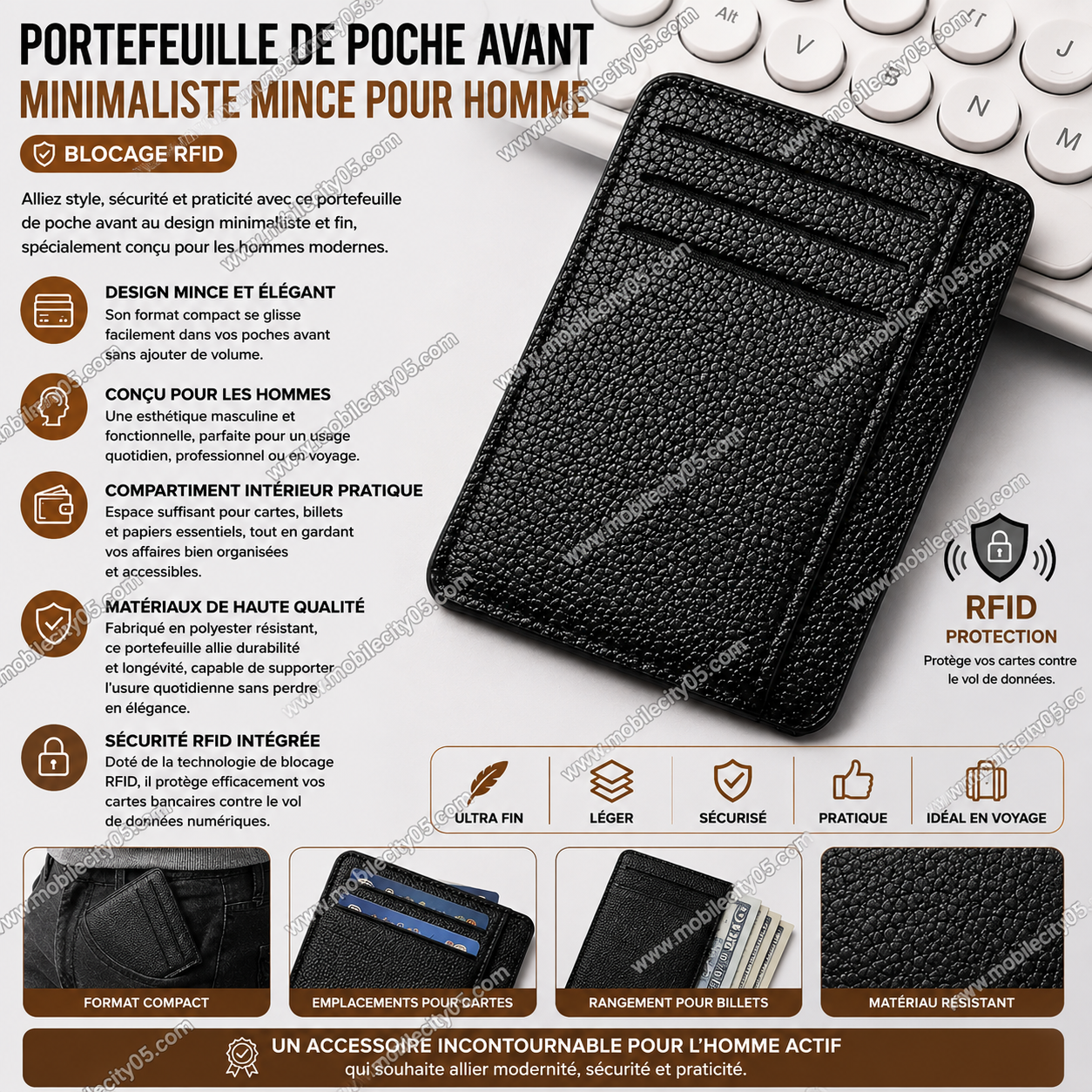 Portefeuille de Poche Avant Minimaliste Mince pour Homme – Blocage RFID