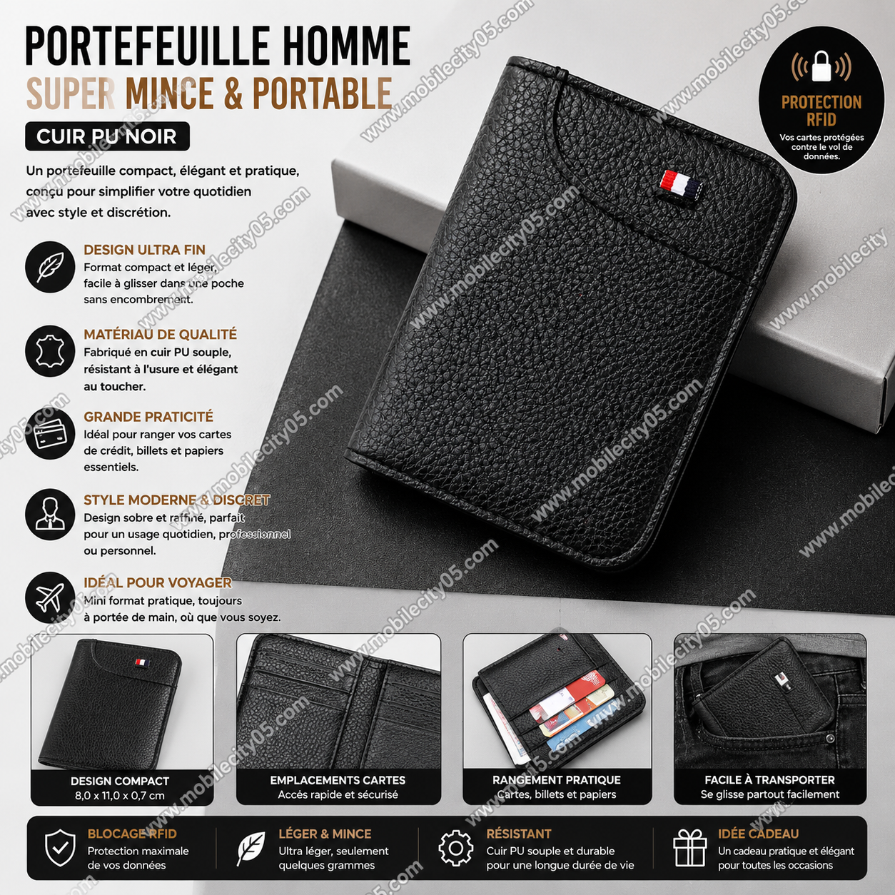 Portefeuille Homme – Super Mince & Portable – Cuir PU Noir
