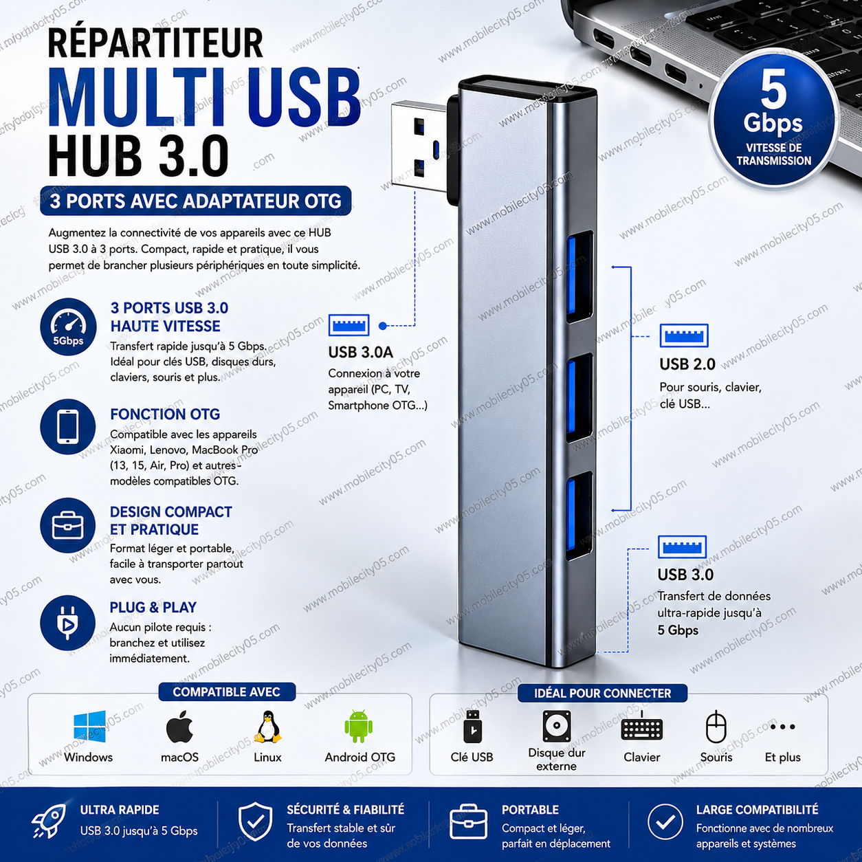 Répartiteur Multi USB HUB 3.0 – 3 Ports avec Adaptateur OTG