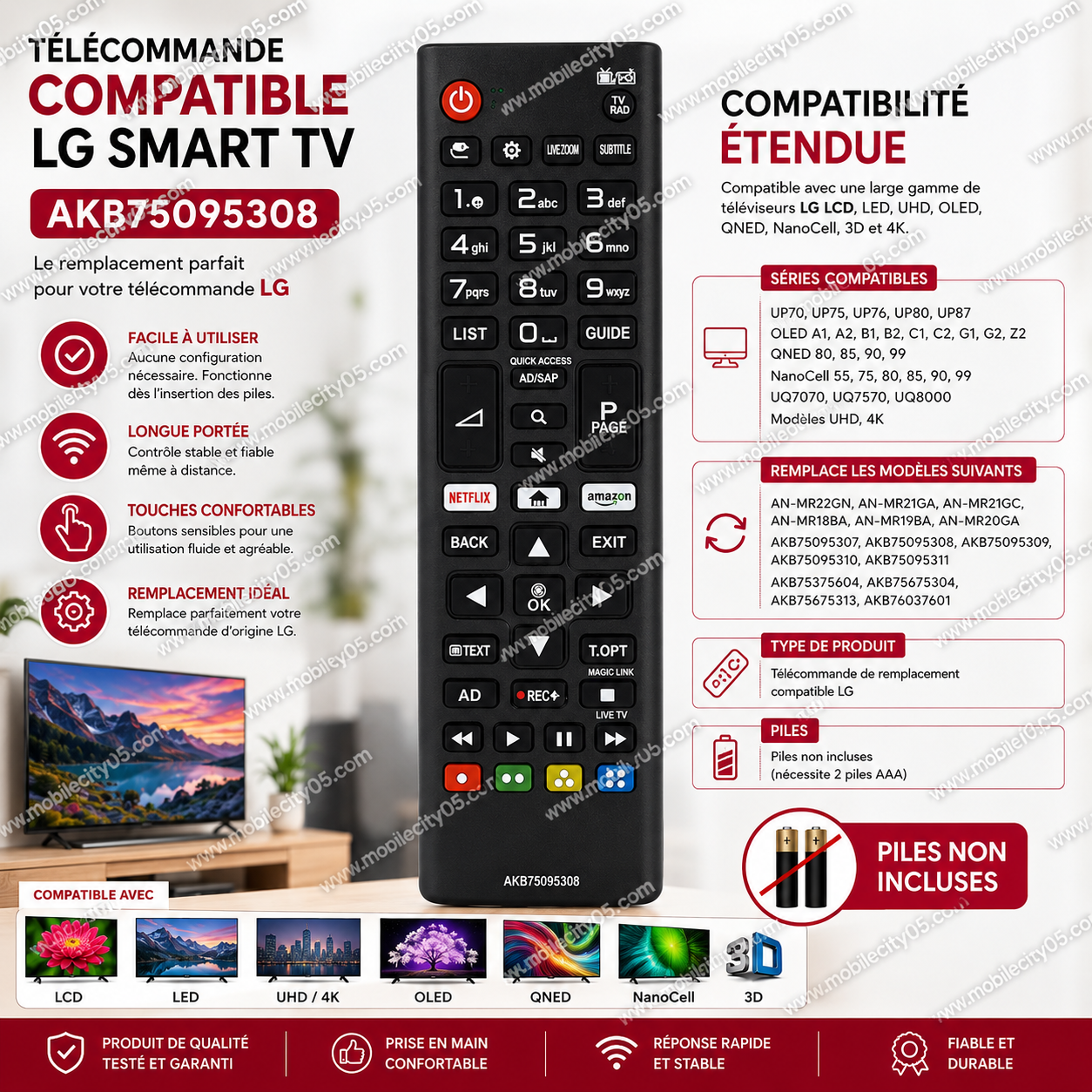 Télécommande compatible LG Smart TV AKB75095308