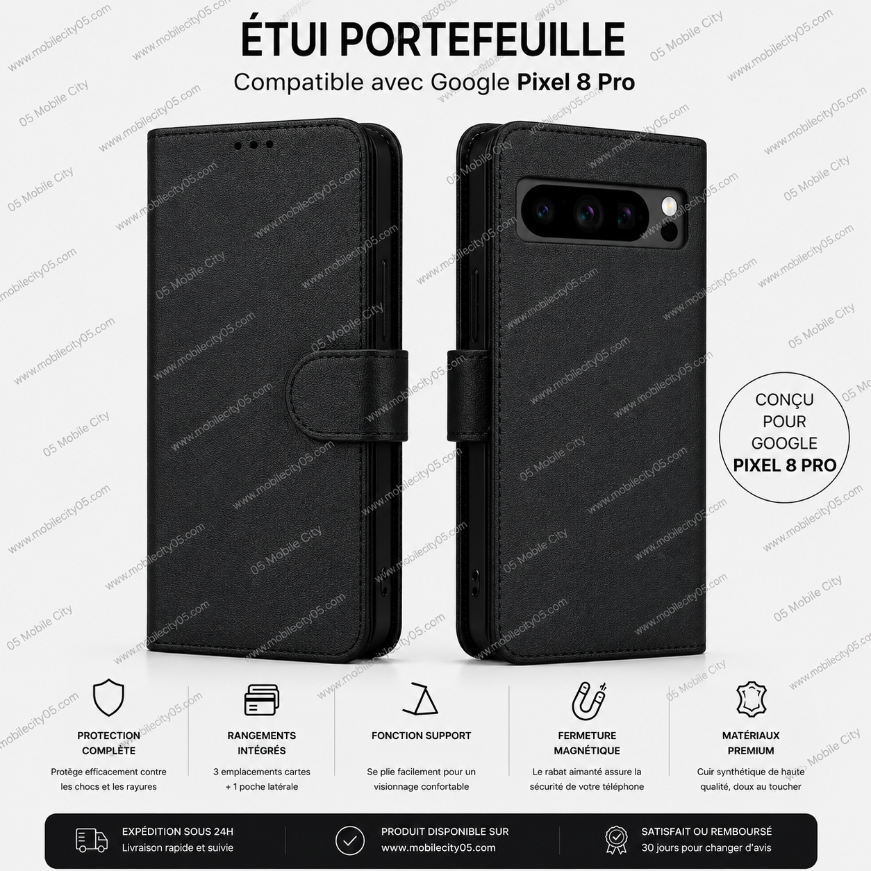 Étui a rabat portefeuille en cuir pour Google pixel 8